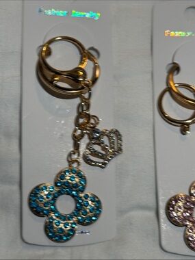 Gold-tone Keychain with Crystal Flower and Crown Charms 6 colors to choose from